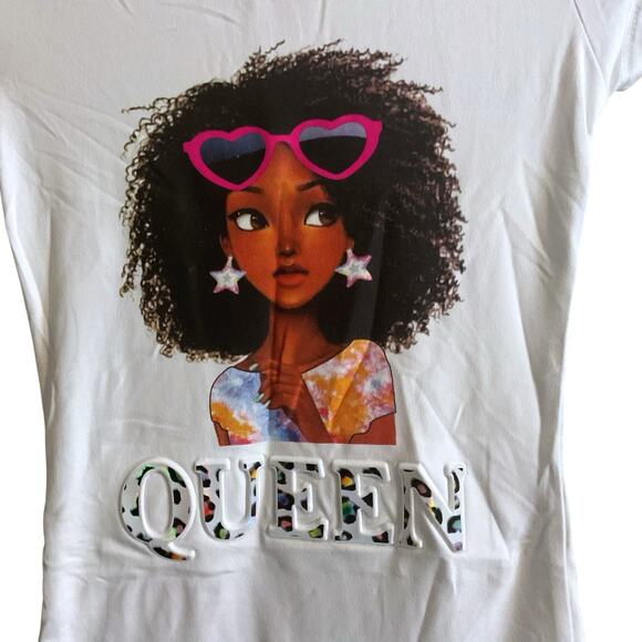 Cute 4 U T-Shirt Girls Black Queen Size S (7-8) White Short Sleeve Raised Letter - Picture 6 of 8